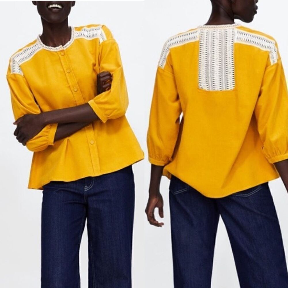 ZARA BASICS Mustard Gold Corduroy Crochet Button Shirt Medium